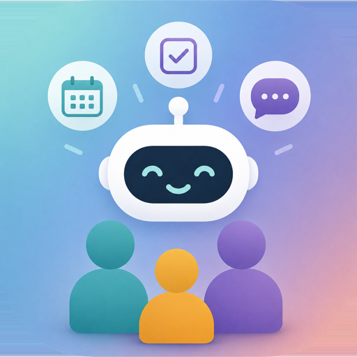 Das App-Symbol von shAreGENT: ein freundlicher Roboter über einer Familie, darüber Kalender, Aufgabenhaken und Sprechblase.
